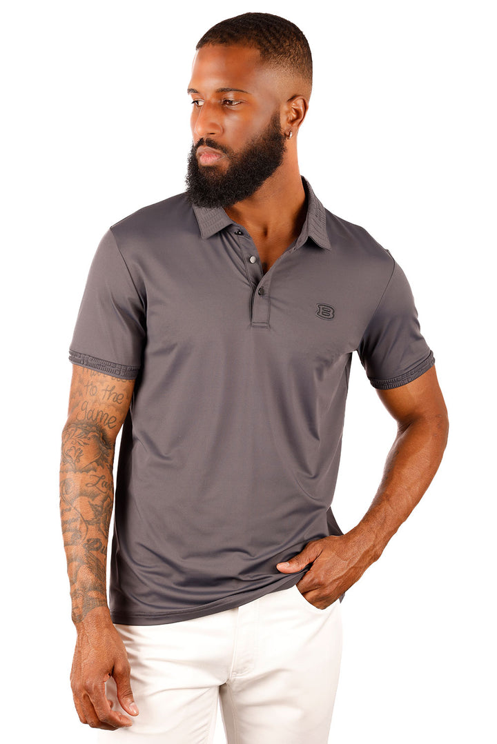 Barabas Men's Solid Stretch B Logo Short Sleeve Polo Shirts 3PS131 Grey