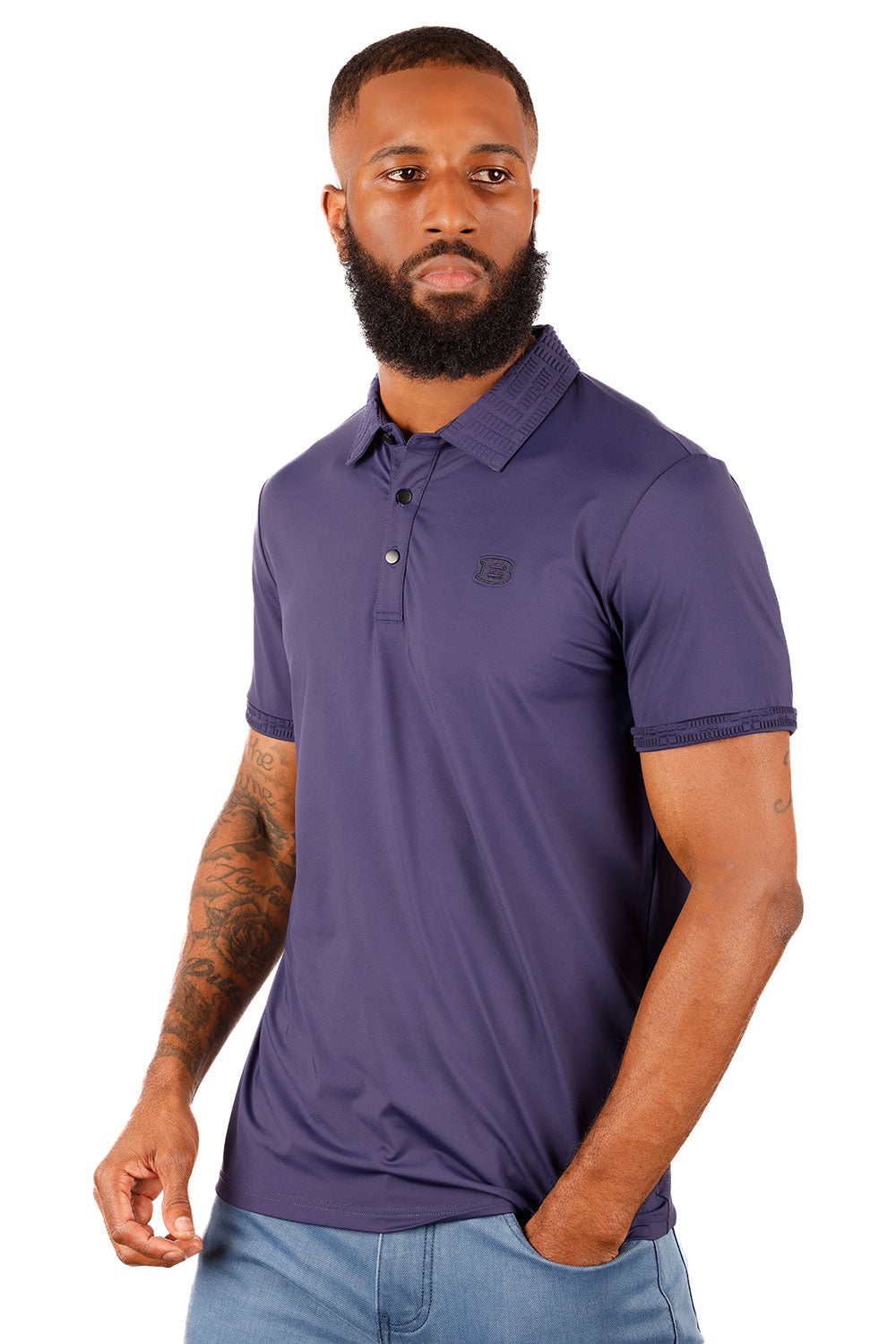 Barabas Men's Solid Stretch B Logo Short Sleeve Polo Shirts 3PS131 Navy
