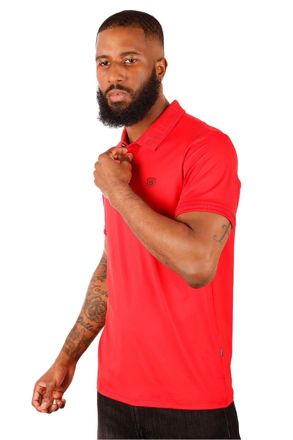 Barabas Men's Solid Stretch B Logo Short Sleeve Polo Shirts 3PS131 Red