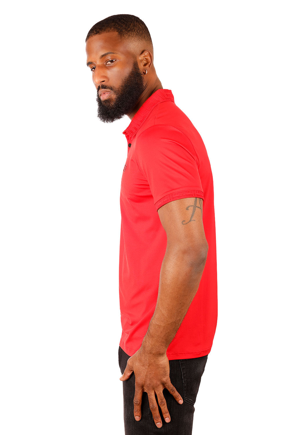 Barabas Men's Solid Stretch B Logo Short Sleeve Polo Shirts 3PS131 Red