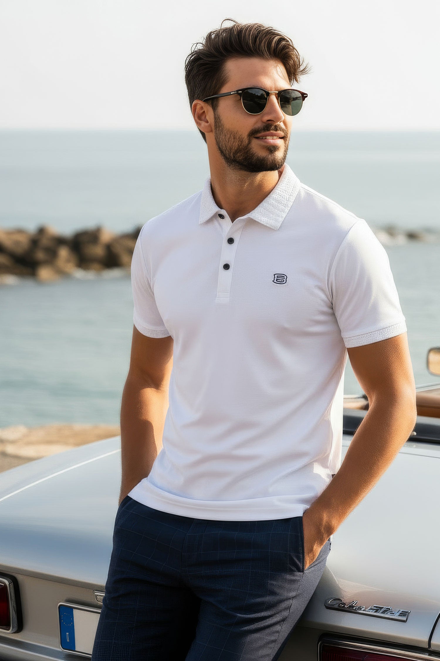 Barabas Men's Solid Stretch B Logo Short Sleeve Polo Shirts 3PS131 white