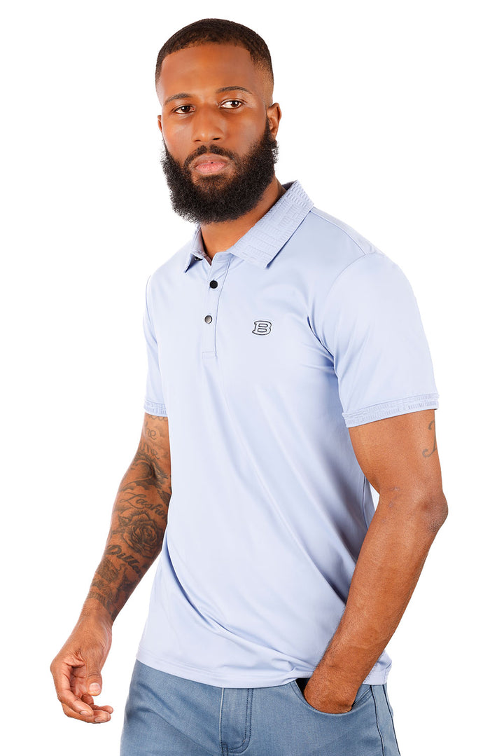 Barabas Men's Solid Stretch B Logo Short Sleeve Polo Shirts 3PS131 Sky Blue