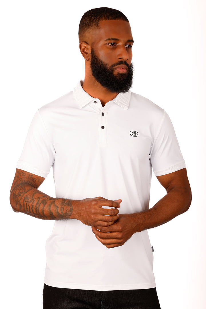 Barabas Men's Solid Stretch B Logo Short Sleeve Polo Shirts 3PS131 white