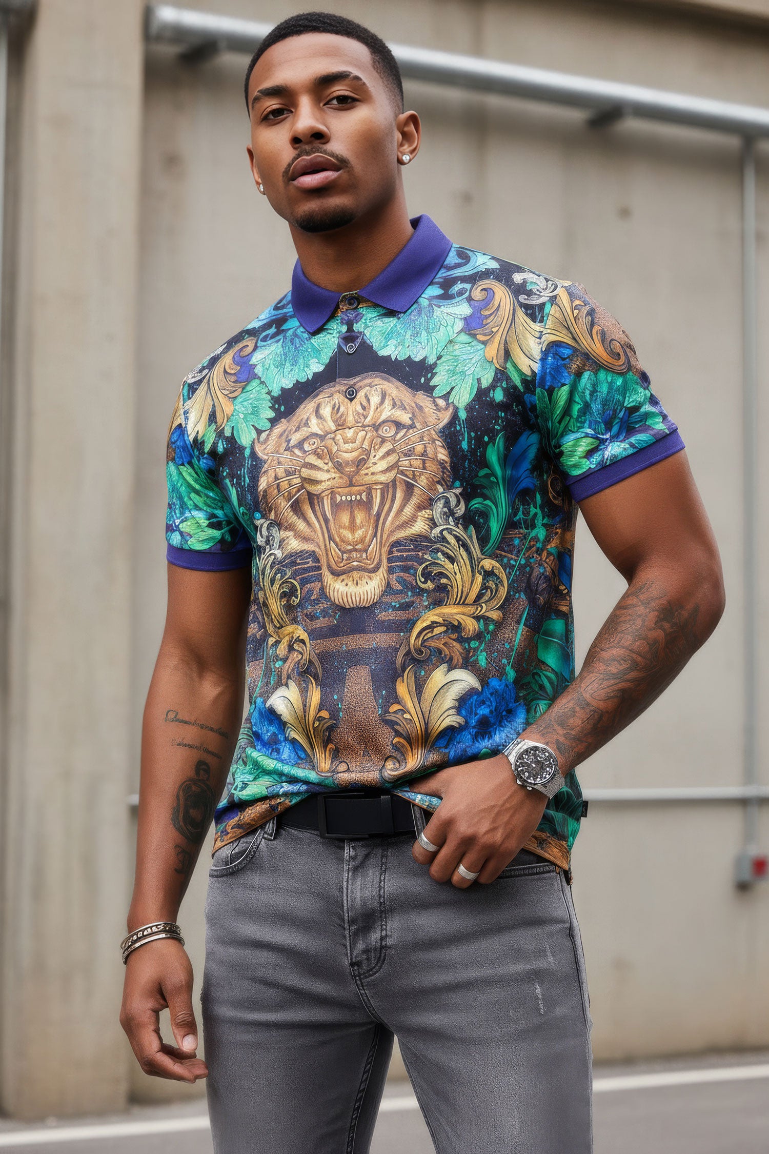 Barabas men's Floral Angry Tiger Graphic Tee Polo Shirts 3PSP00 Gold Navy