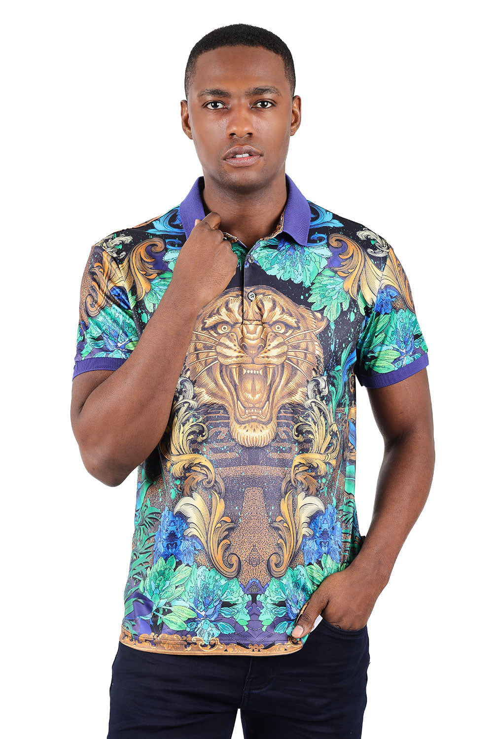 Barabas men's Floral Angry Tiger Graphic Tee Polo Shirts 3PSP00 Gold Navy