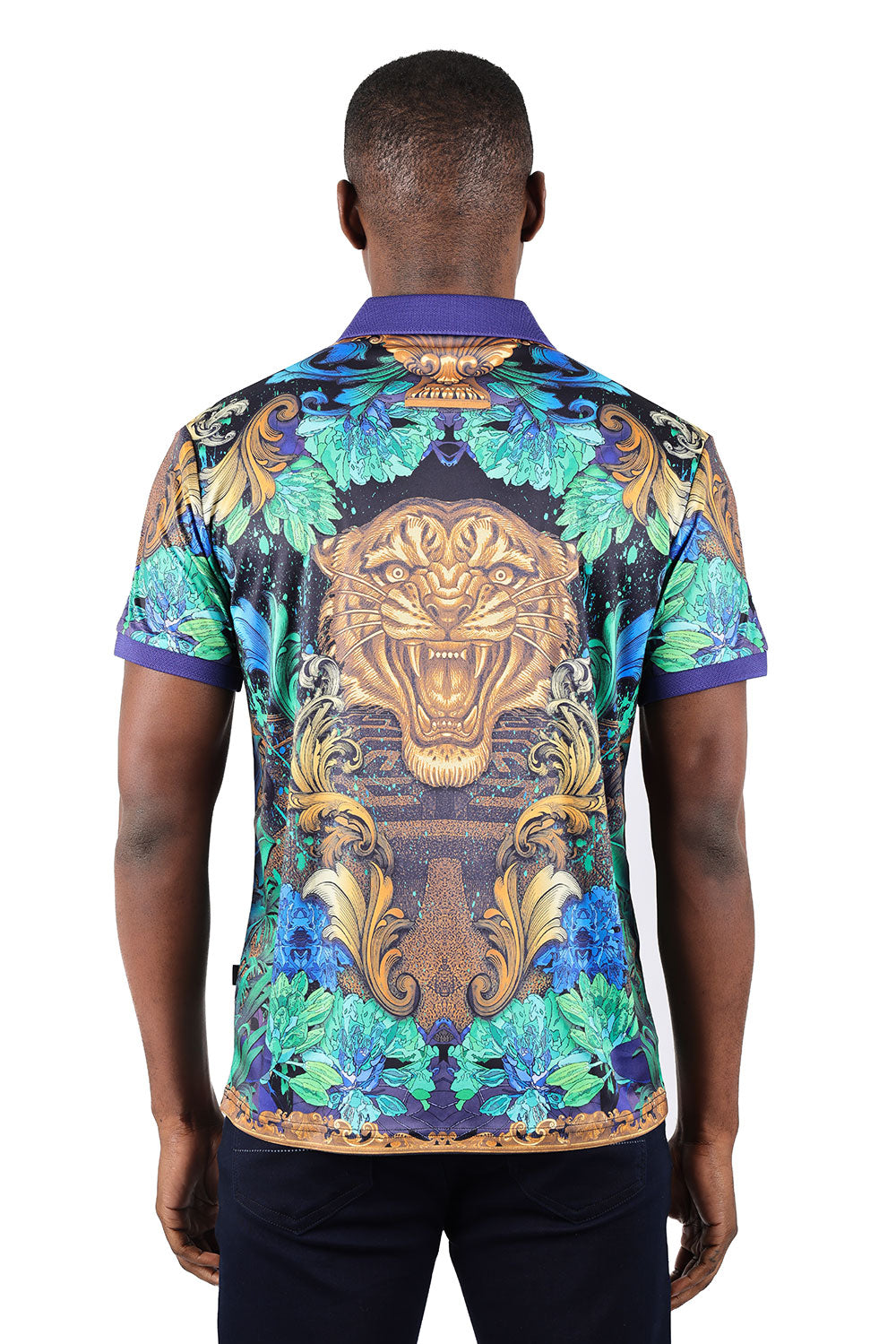 Barabas men's Floral Angry Tiger Graphic Tee Polo Shirts 3PSP00 Gold Navy