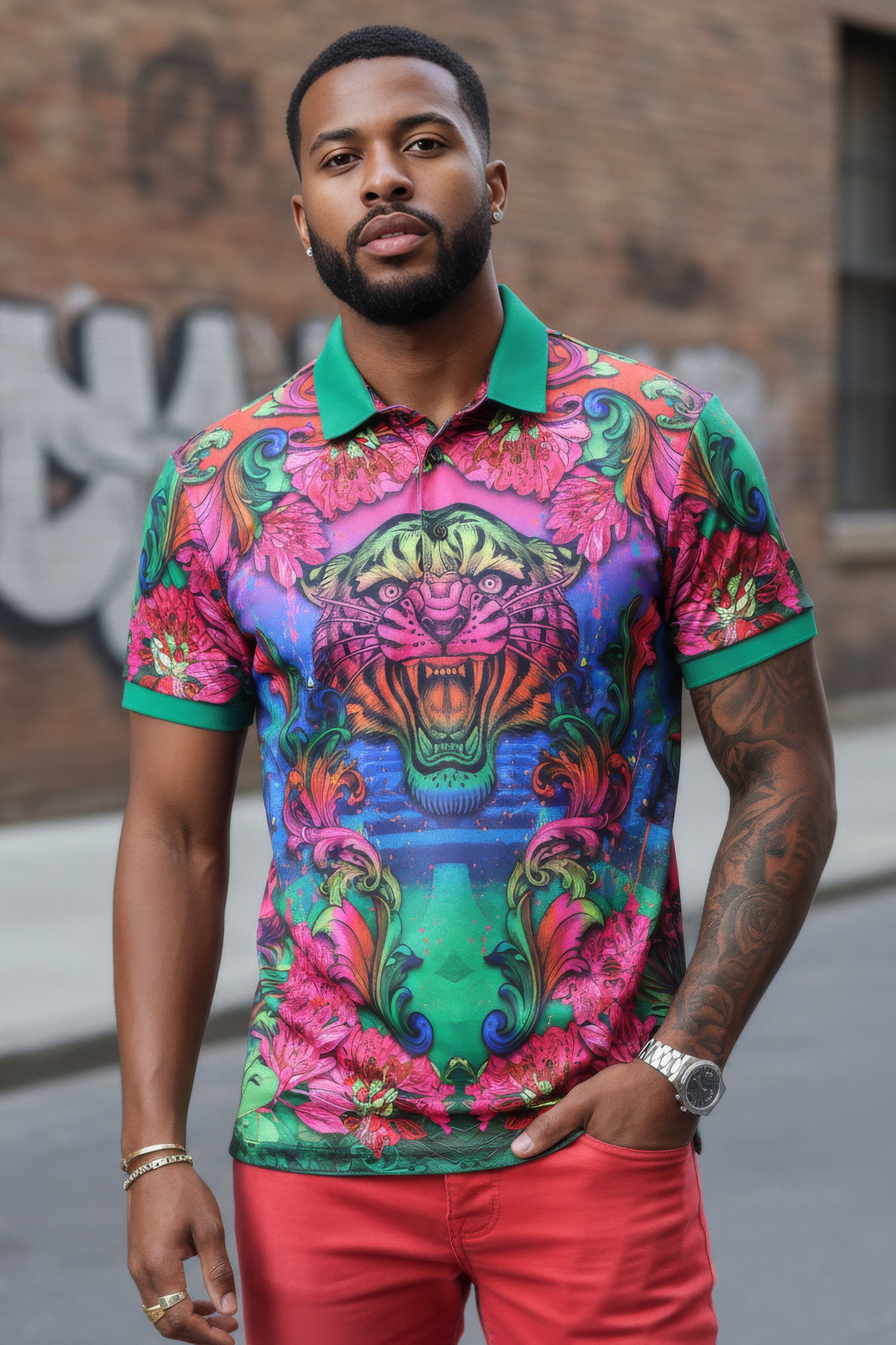 Barabas men's Floral Tiger Baroque Graphic Tee Polo Shirts 3PSP00 Multicolor