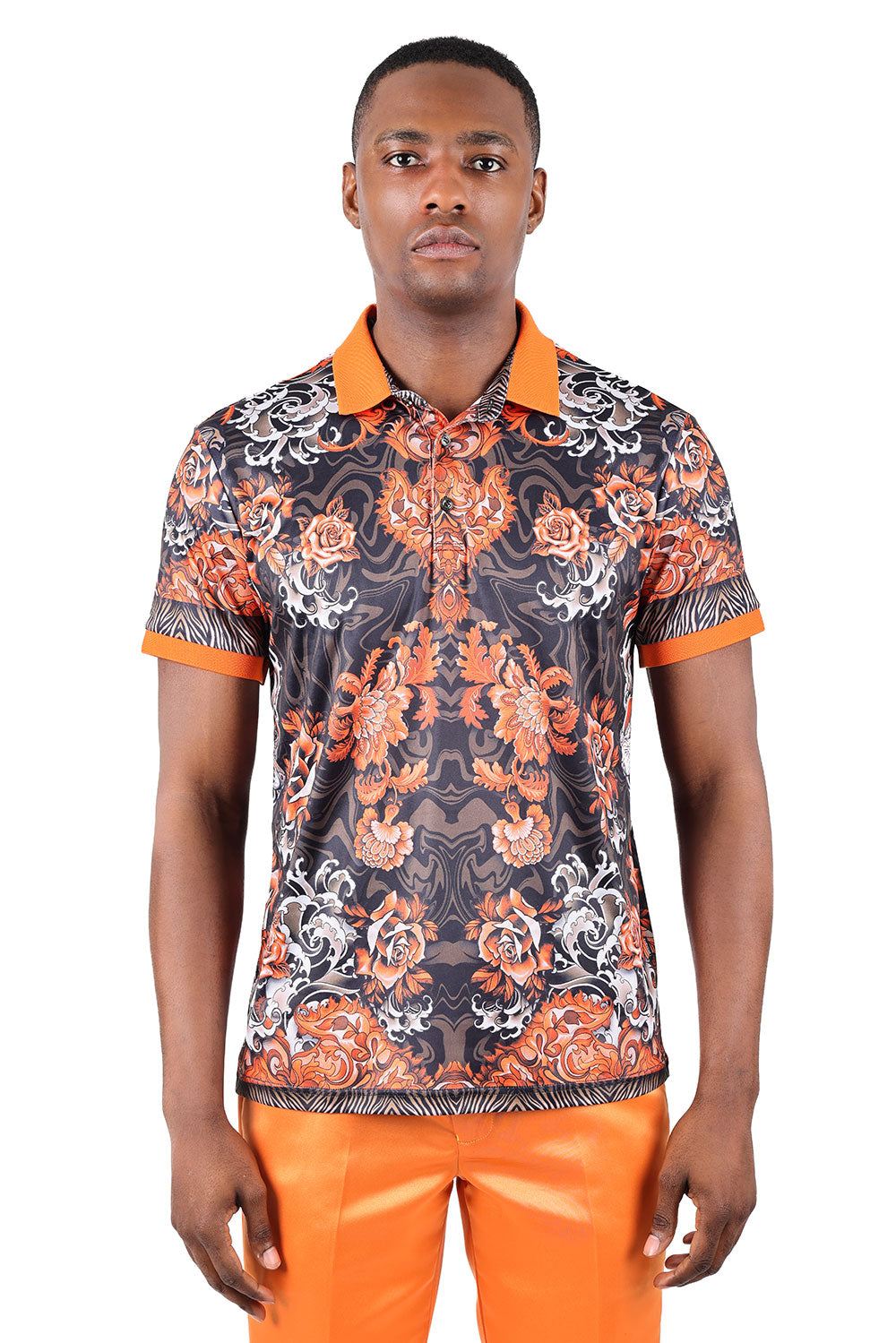 Barabas men's Floral Rose Baroque Graphic Tee Polo Shirts 3PSP07 Orange