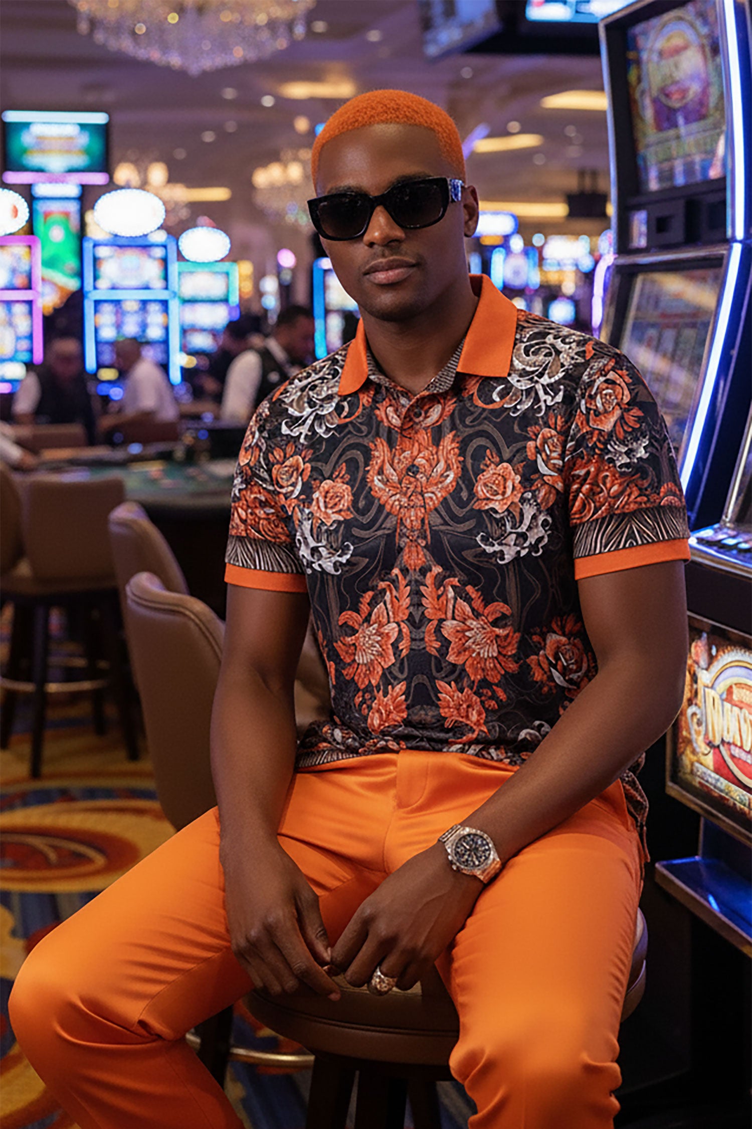 Barabas men's Floral Rose Baroque Graphic Tee Polo Shirts 3PSP07 Orange