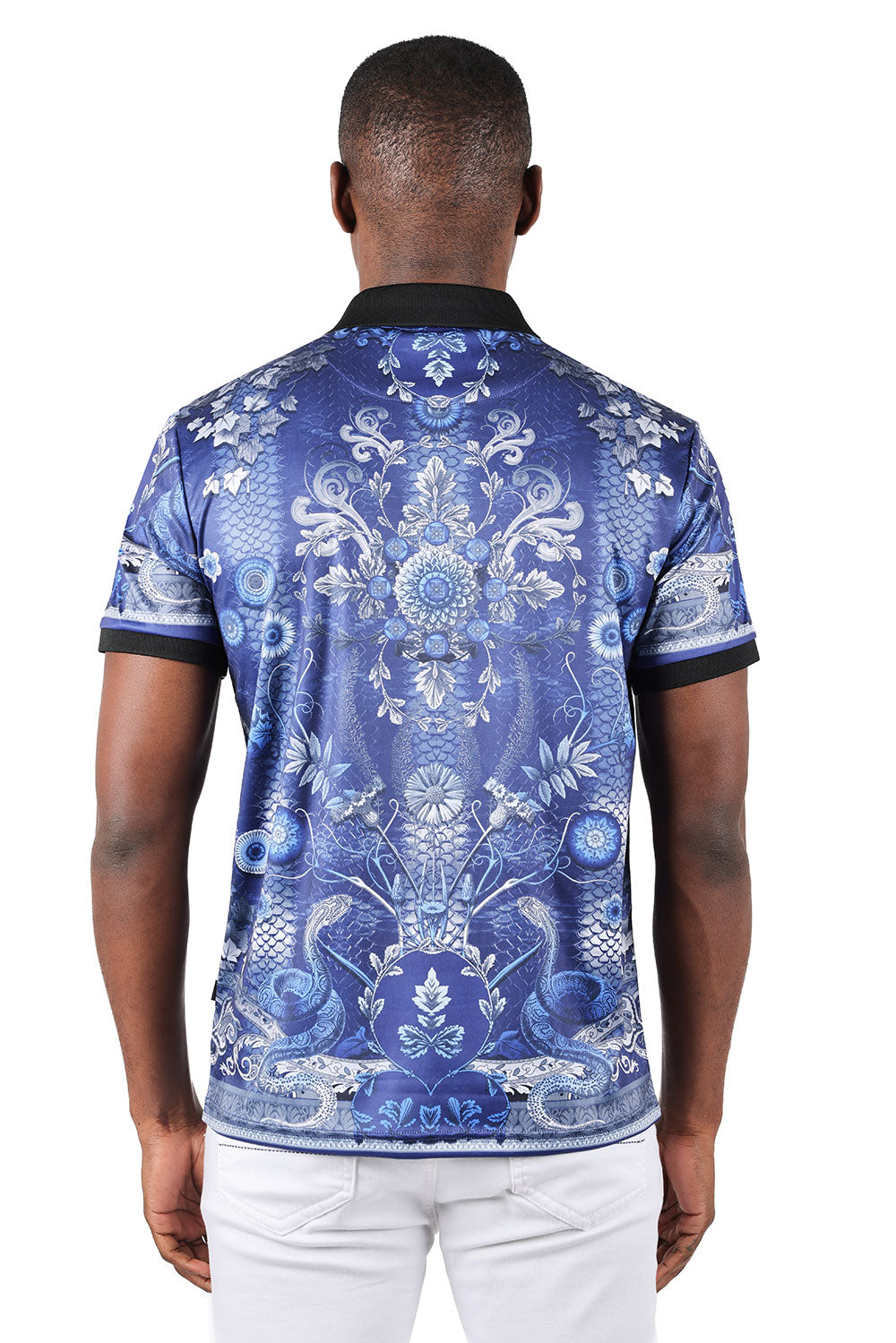 Barabas men's Floral Snake Skin Pattern Graphic Tee Polo Shirts 3PSP08 Navy