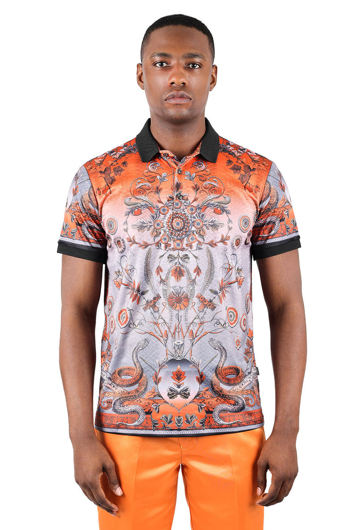 Barabas men's Floral Snake Skin Pattern Graphic Tee Polo Shirts 3PSP08 Orange