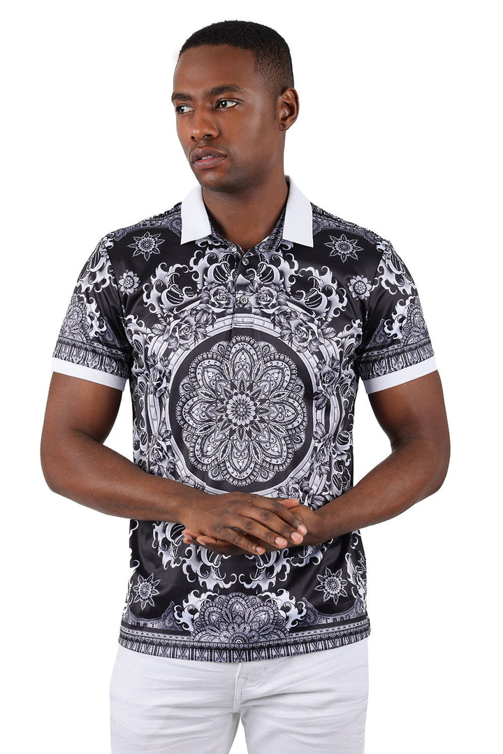 Barabas Men's Floral Circular Prints Graphic Tee Polo Shirts 3PSP13 Black