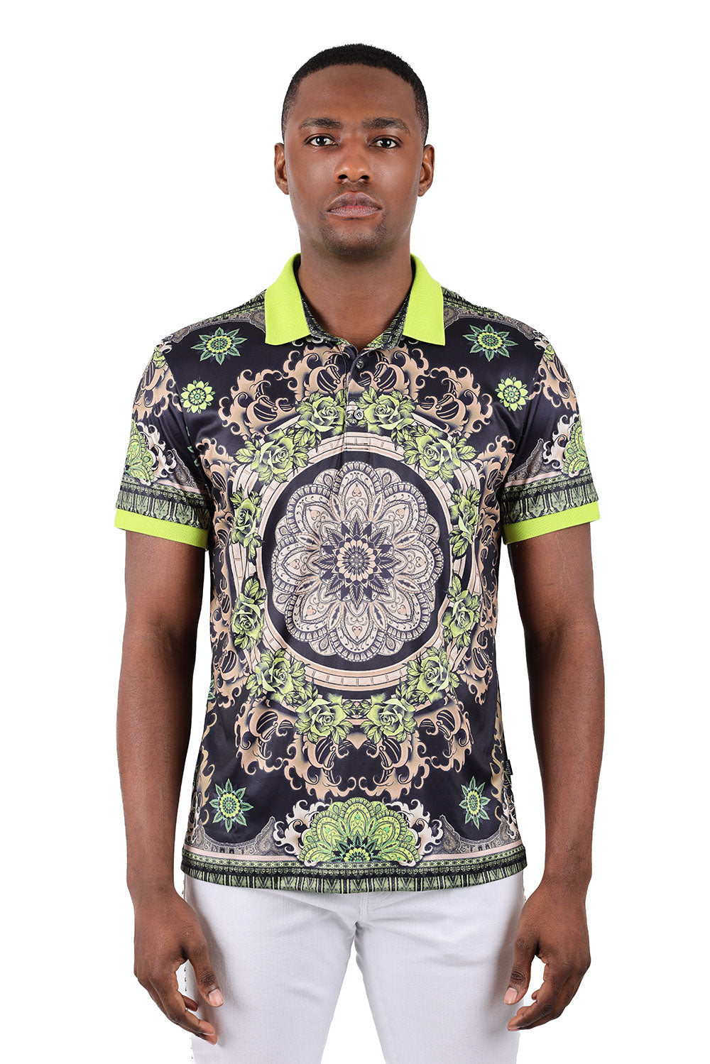 Barabas Men's Floral Circular Prints Graphic Tee Polo Shirts 3PSP13 Lime