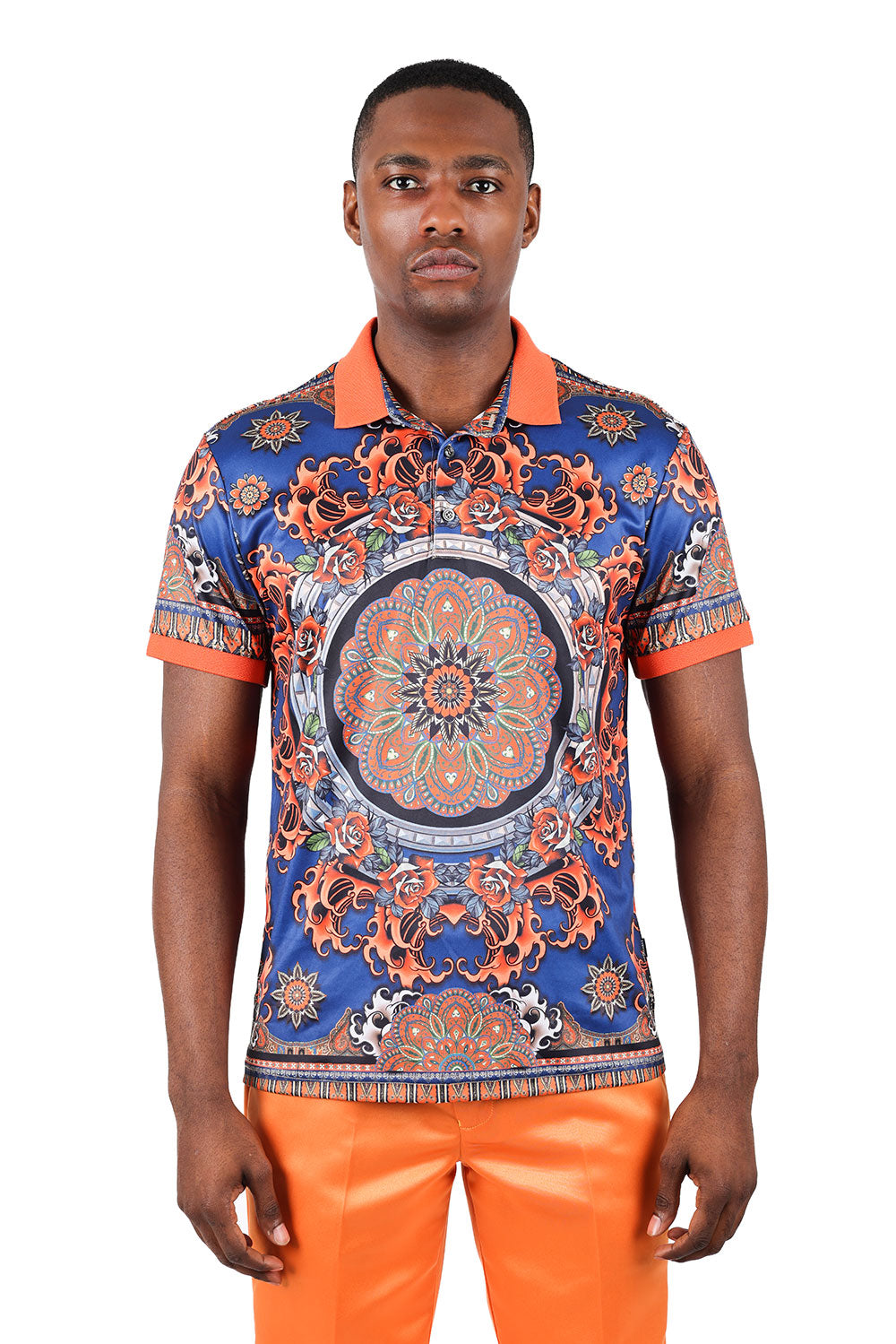 Barabas Men's Floral Circular Prints Graphic Tee Polo Shirts 3PSP13 Orange Navy