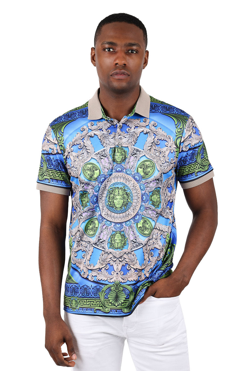 Barabas Men's Floral Medusa Baroque Graphic Tee Polo Shirts 3PSP16 Royal