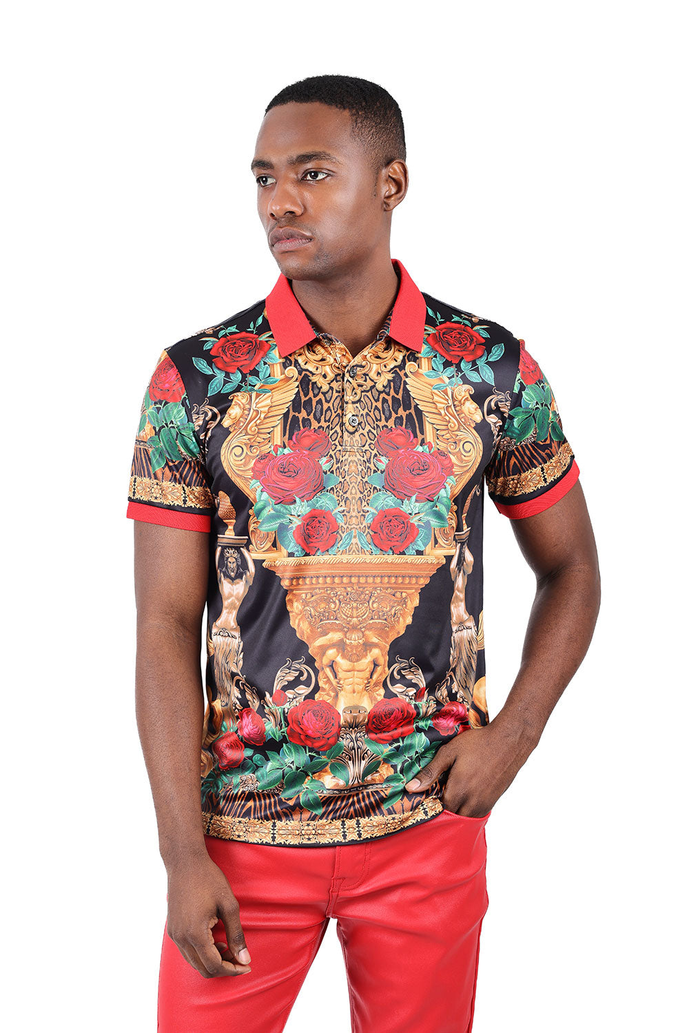 Barabas men's Floral Rose Leopard Prints Graphic Tee Polo Shirts 3PSP18 Black