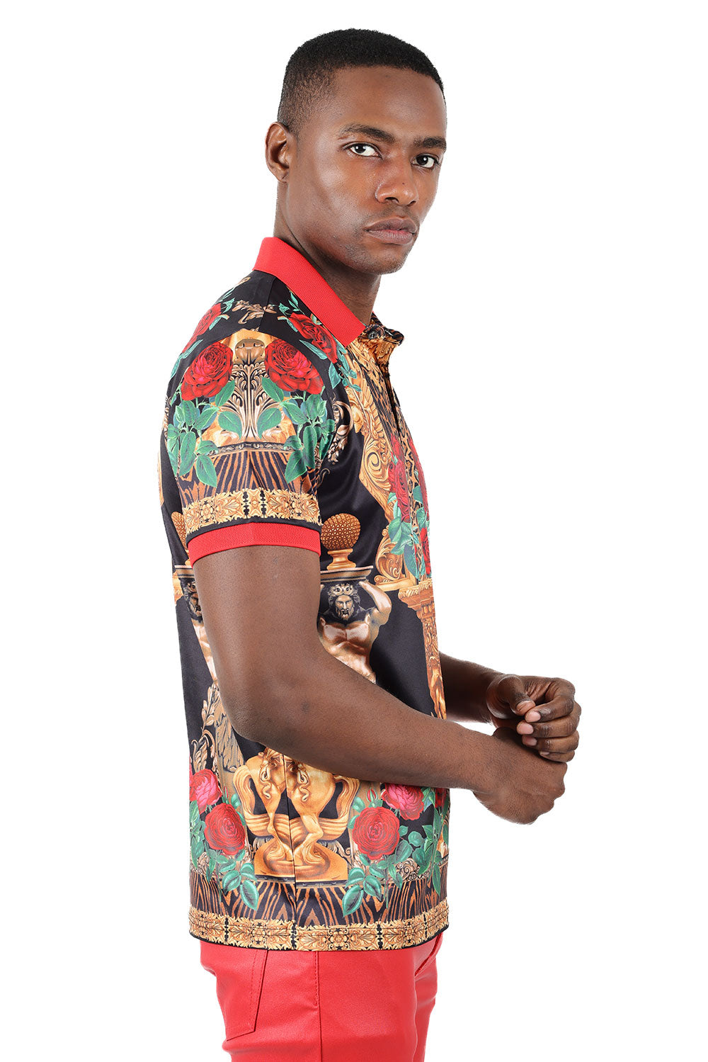 Barabas men's Floral Rose Leopard Prints Graphic Tee Polo Shirts 3PSP18 Black Gold
