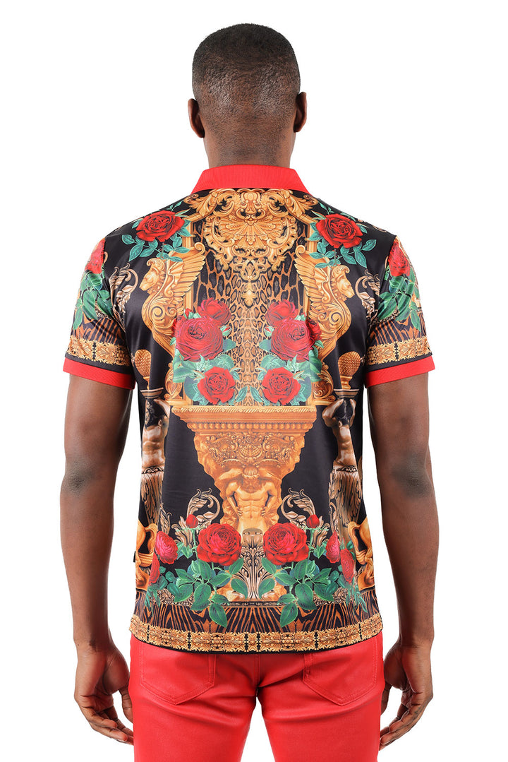 Barabas men's Floral Rose Leopard Baroque Graphic Polo Shirts 3PSP18 Black Gold