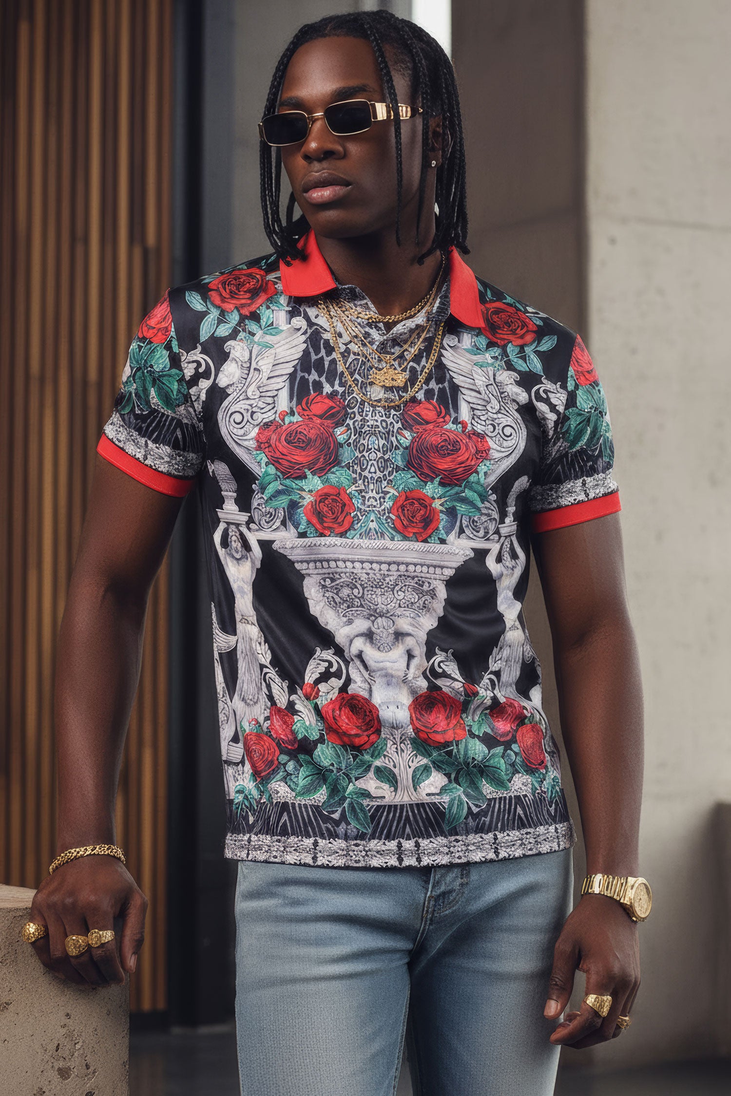 Barabas men's Floral Rose Leopard Prints Graphic Tee Polo Shirts 3PSP18 Black Silver