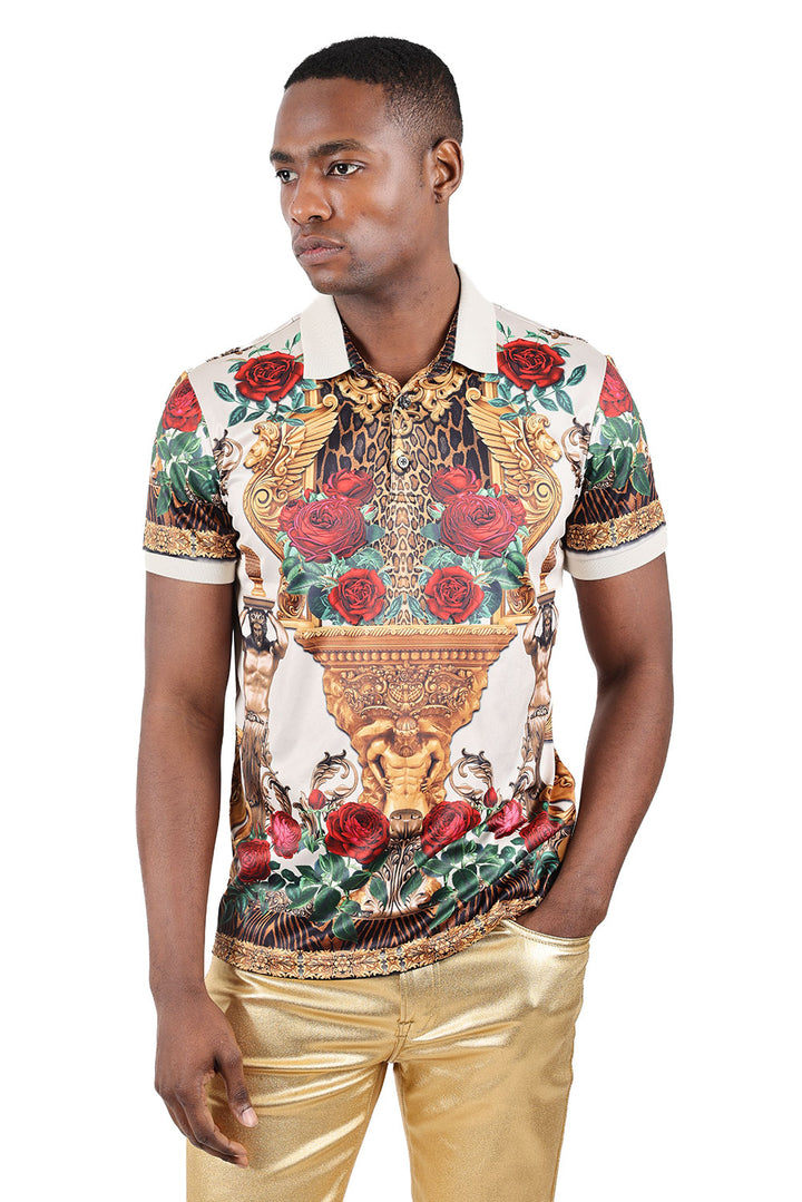 Barabas men's Floral Rose Leopard Prints Graphic Tee Polo Shirts 3PSP18 Cream