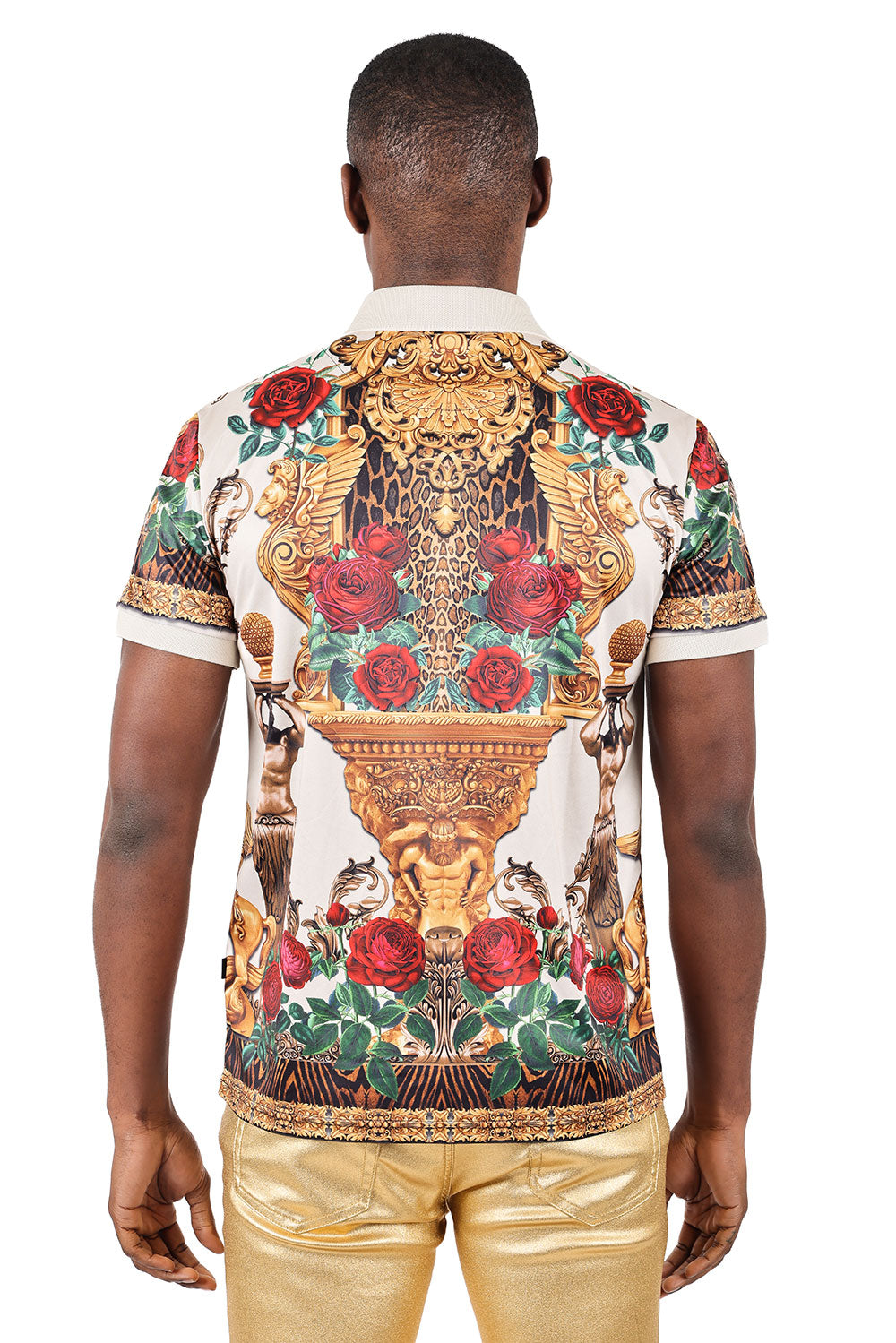 Barabas men's Floral Rose Leopard Prints Graphic Tee Polo Shirts 3PSP18 Cream