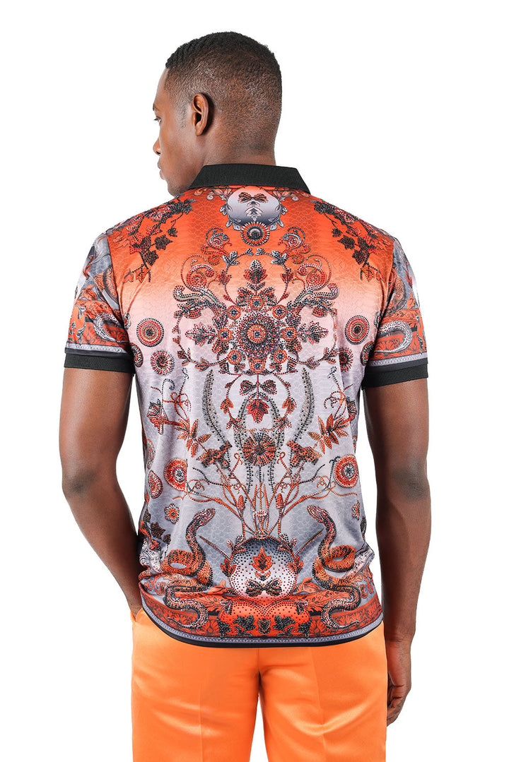 Barabas men's Rhinestone Floral Snake Baroque Polo Shirts 3PSR08 Orange