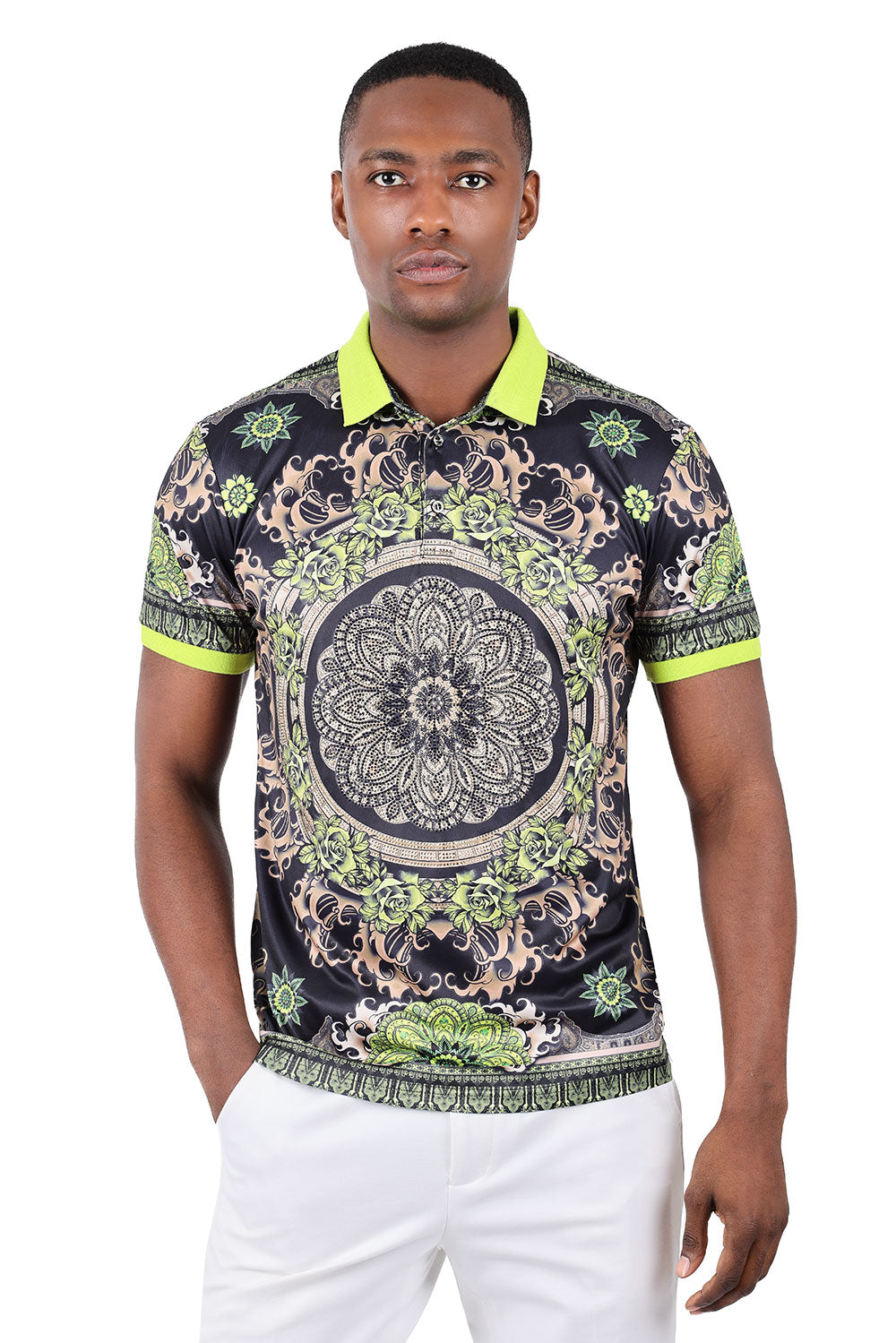 Barabas Men's Rhinestone Floral Circular Graphic Polo Shirts 3PSR13 Lime