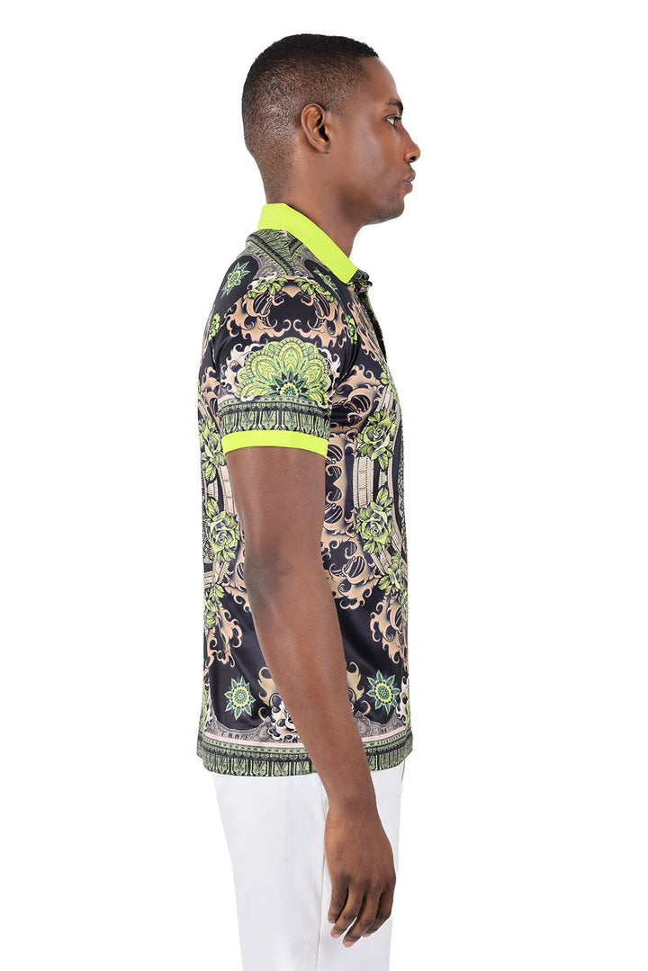 Barabas Men's Rhinestone Floral Circular Graphic Polo Shirts 3PSR13 Lime
