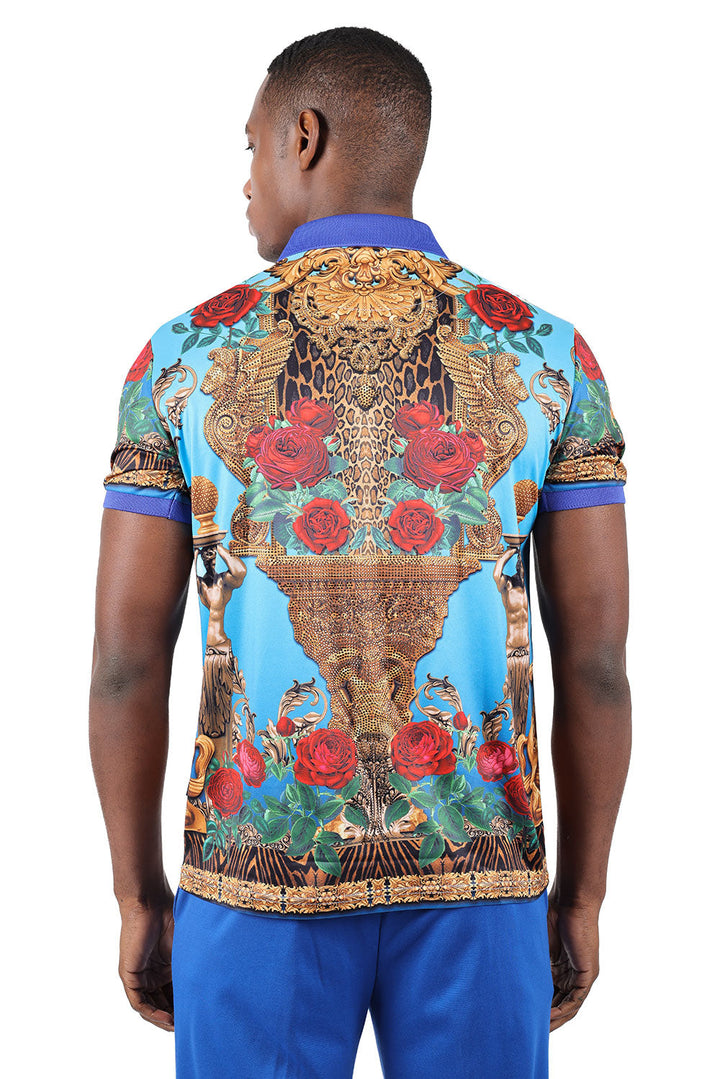 Barabas men's Rhinestone Floral Leopard Baroque Polo Shirts 3PSR18 blue