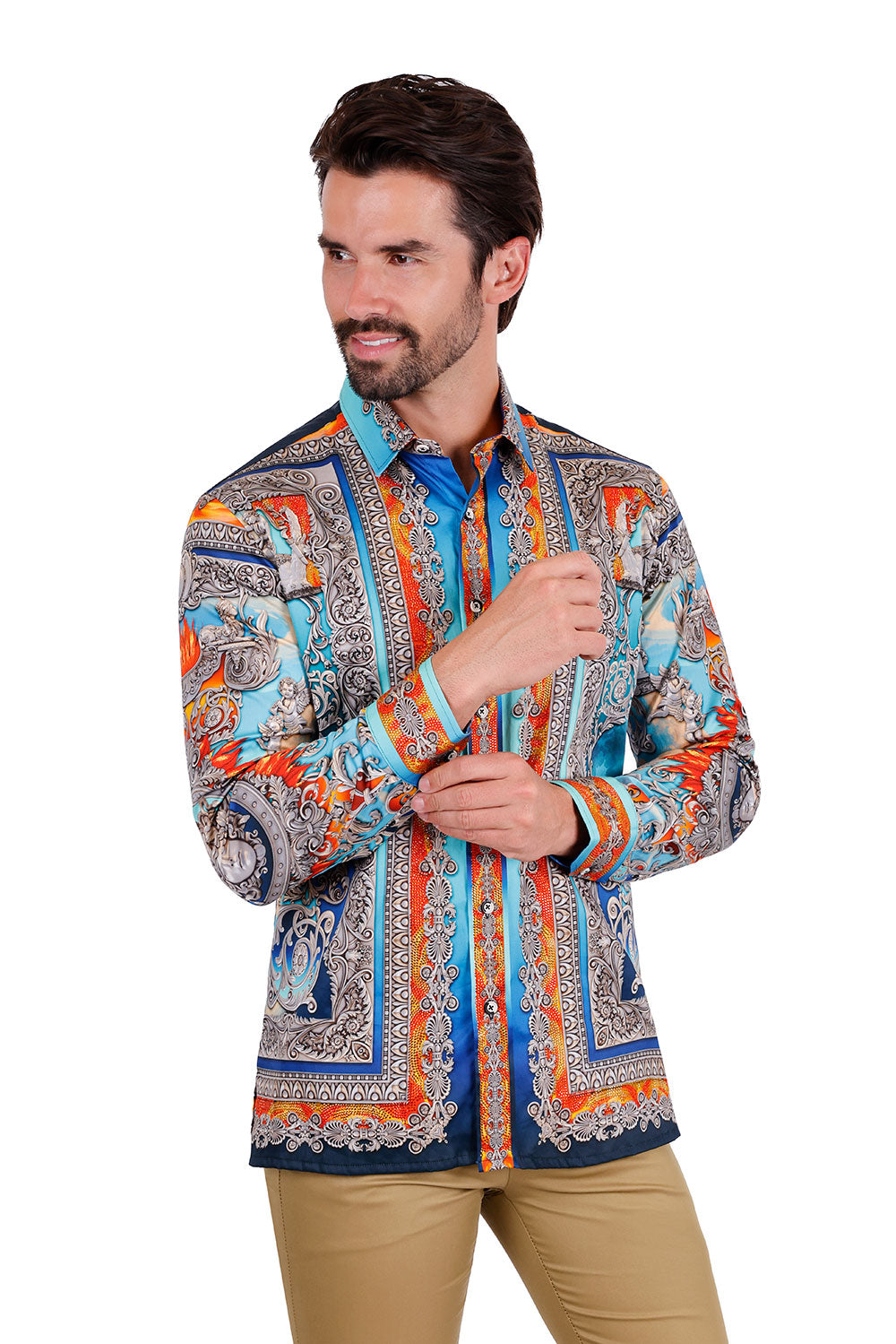 BARABAS Men's Rhinestone Floral Medusa Long Sleeve Shirts 3SPR401 Blue