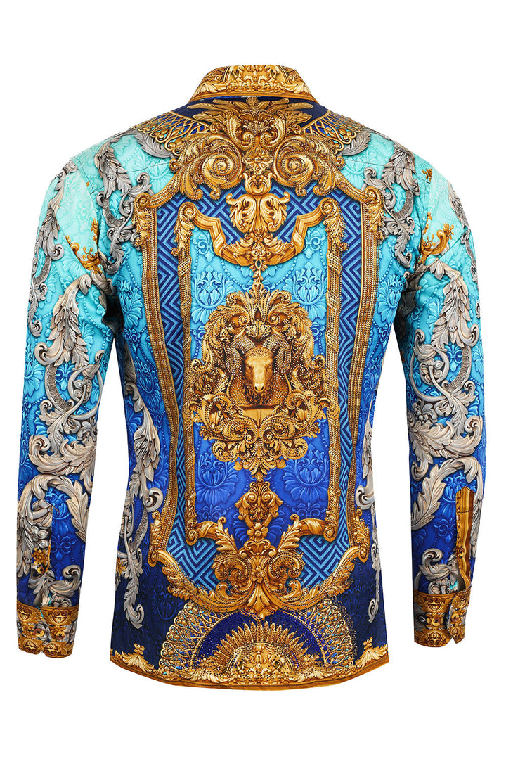 BARABAS Men's Rhinestone Baroque Animal Print Long Sleeve Shirts 3SPR402 Blue