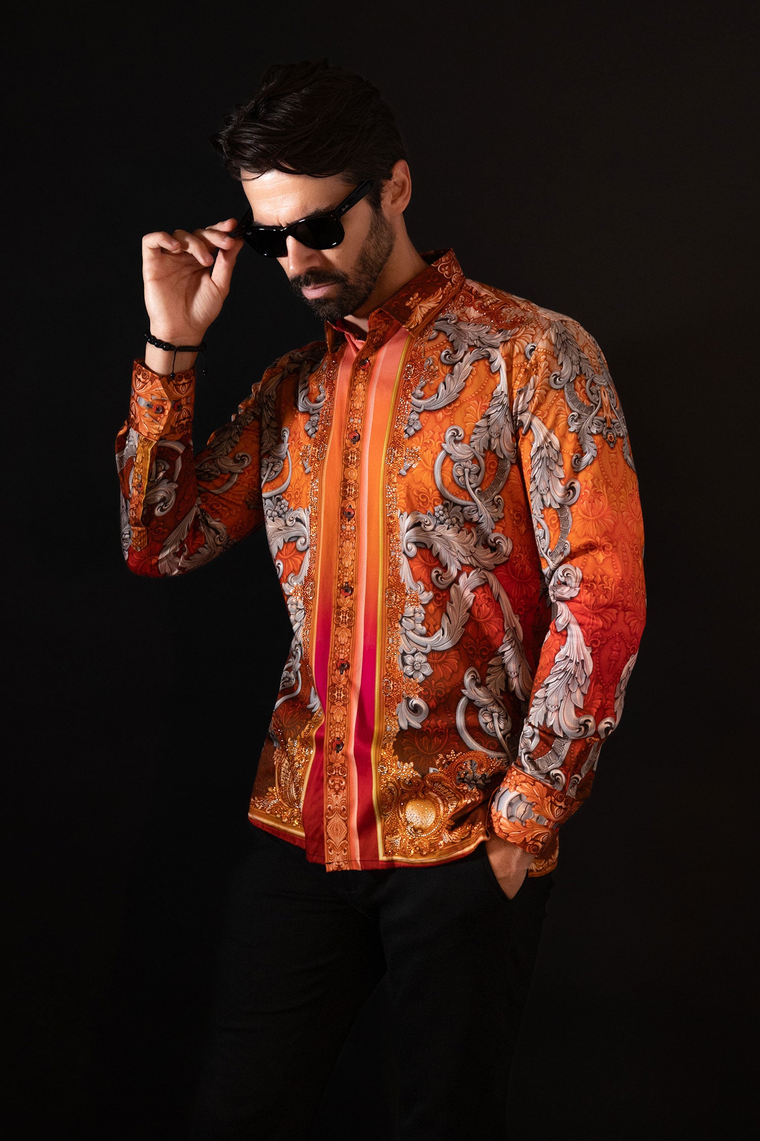 BARABAS Men's Rhinestone Baroque Long Sleeve Shirts 3SPR402 Coral