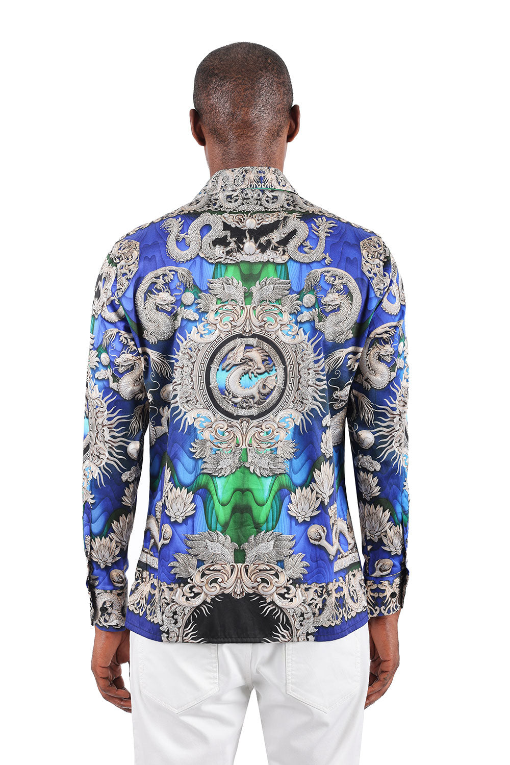 BARABAS Men's Floral Dragon Rhinestone Long Sleeve Shirts 3SPR405 Blue