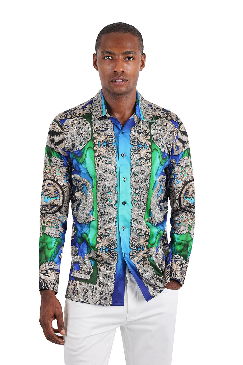 BARABAS Men's Floral Dragon Rhinestone Long Sleeve Shirts 3SPR405 Blue