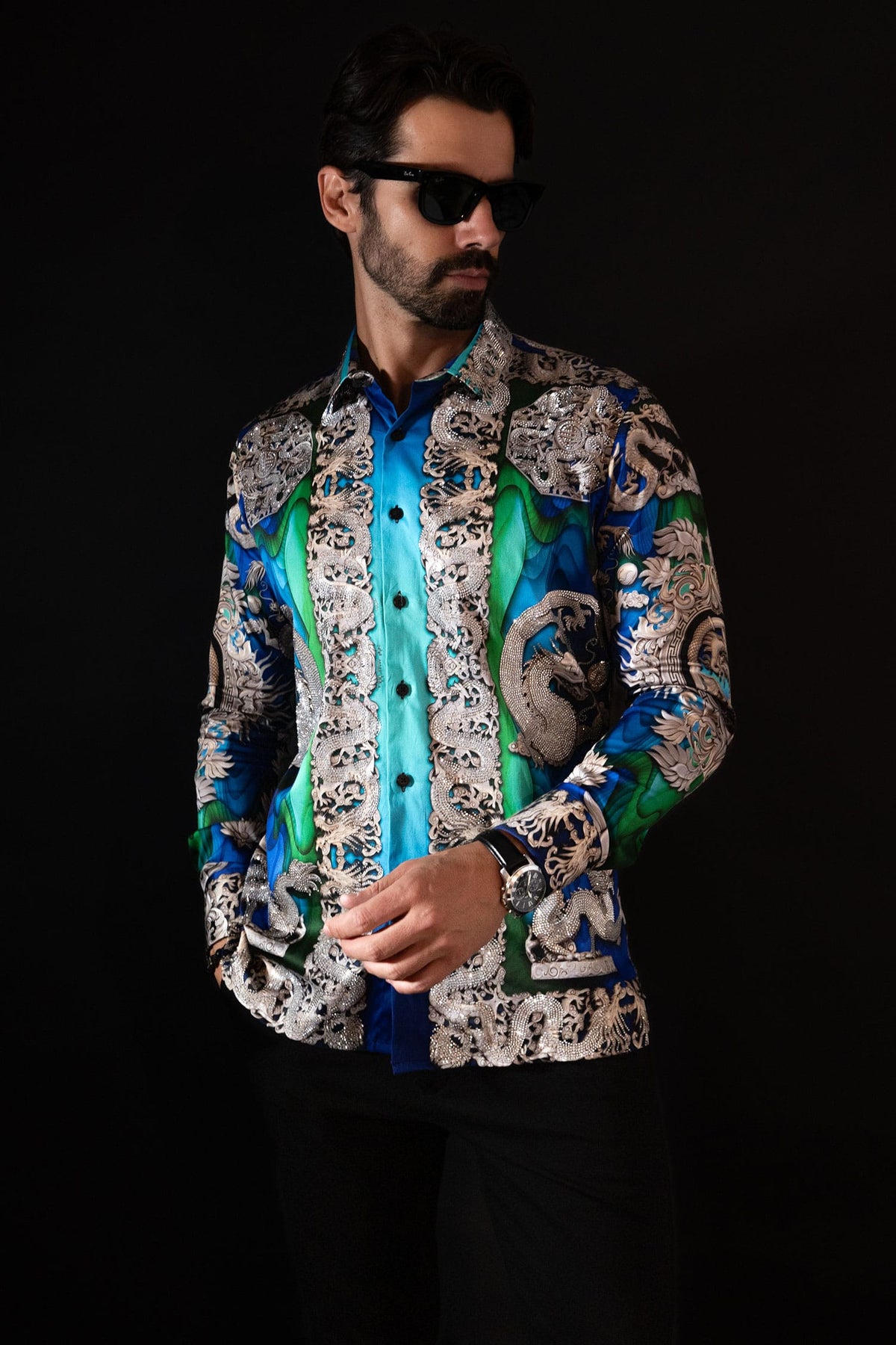 West Dragon Rhinestone Long Sleeve Shirt