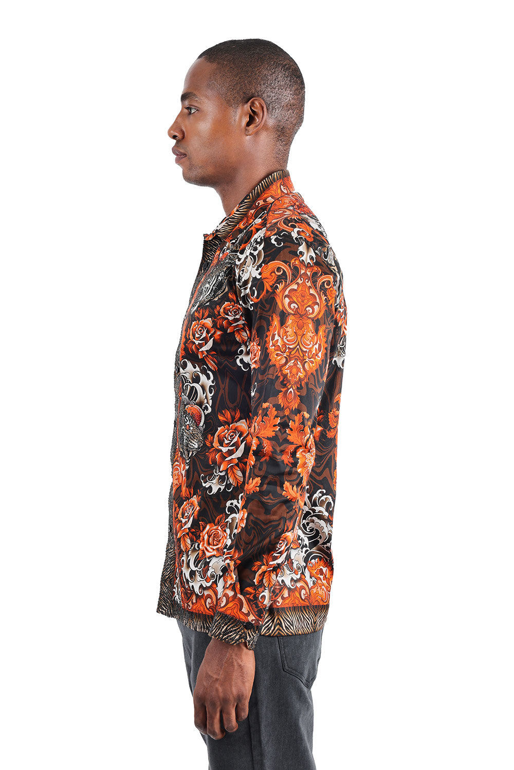 BARABAS Men's Floral Tiger Rhinestone Long Sleeve Shirts 3SPR407 Black
