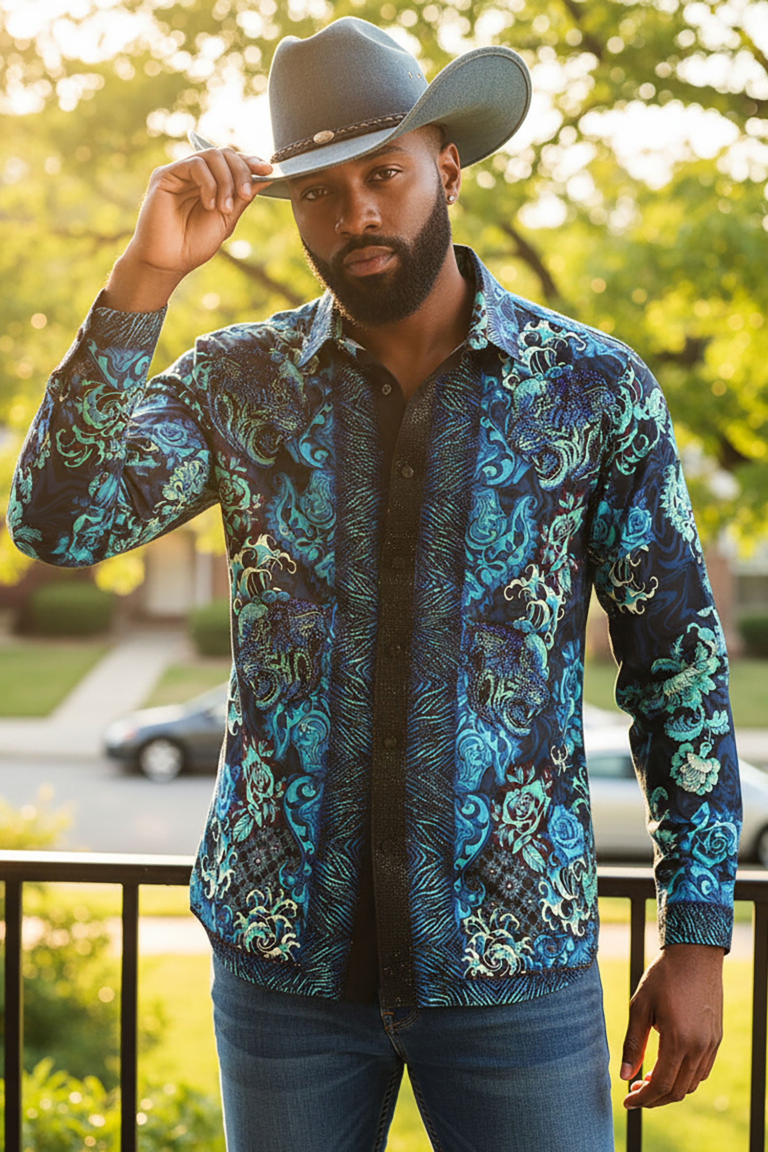 BARABAS Men's Floral Tiger Rhinestone Long Sleeve Shirts 3SPR407 Navy