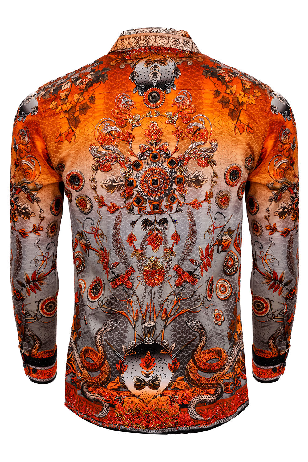 BARABAS Men's Rhinestone Floral Snake Skin Long Sleeve Shirts 3SPR408 Orange