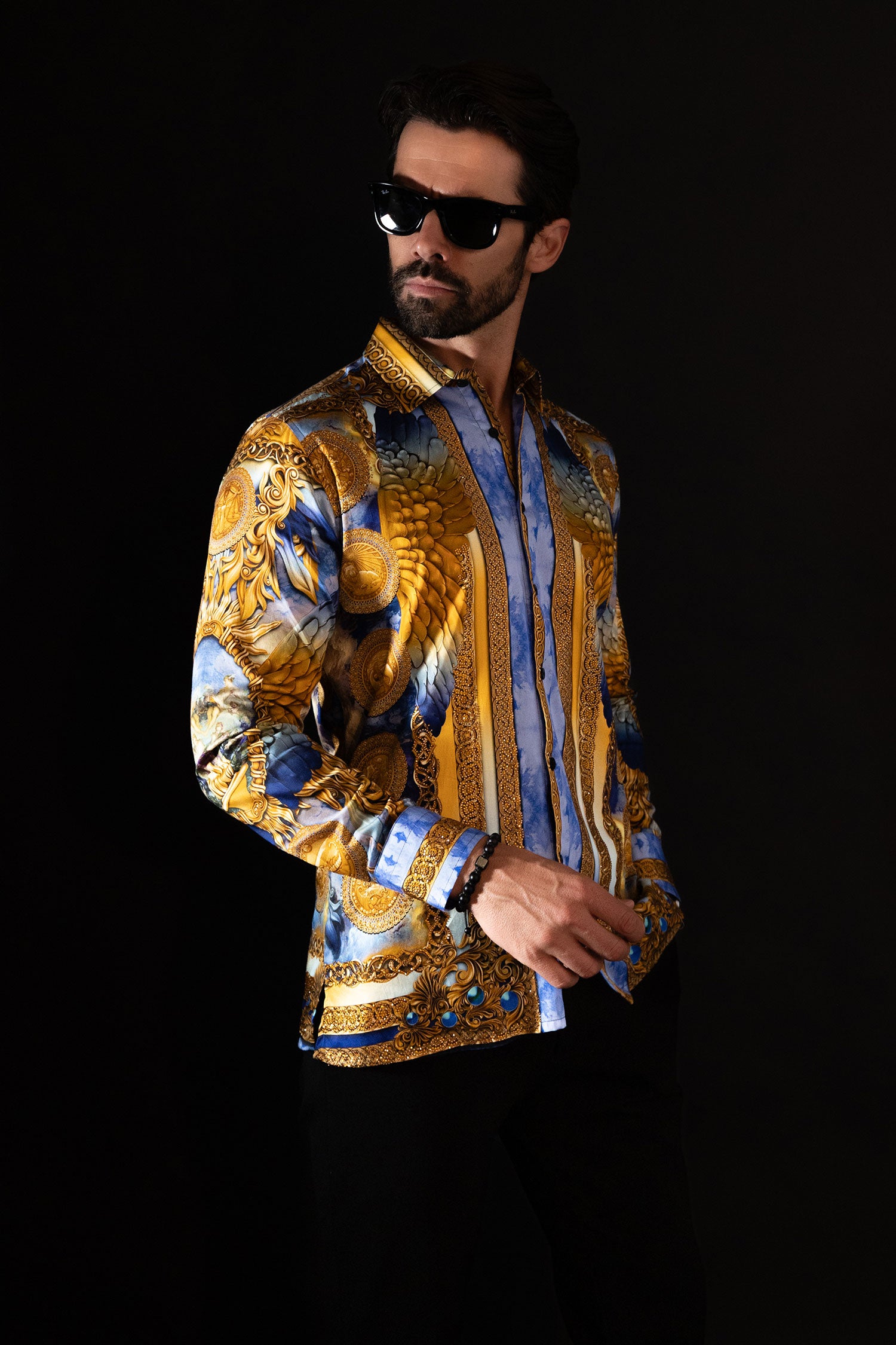BARABAS Men's Rhinestone Angel Wings Long Sleeve Shirts 3SPR411 Blue