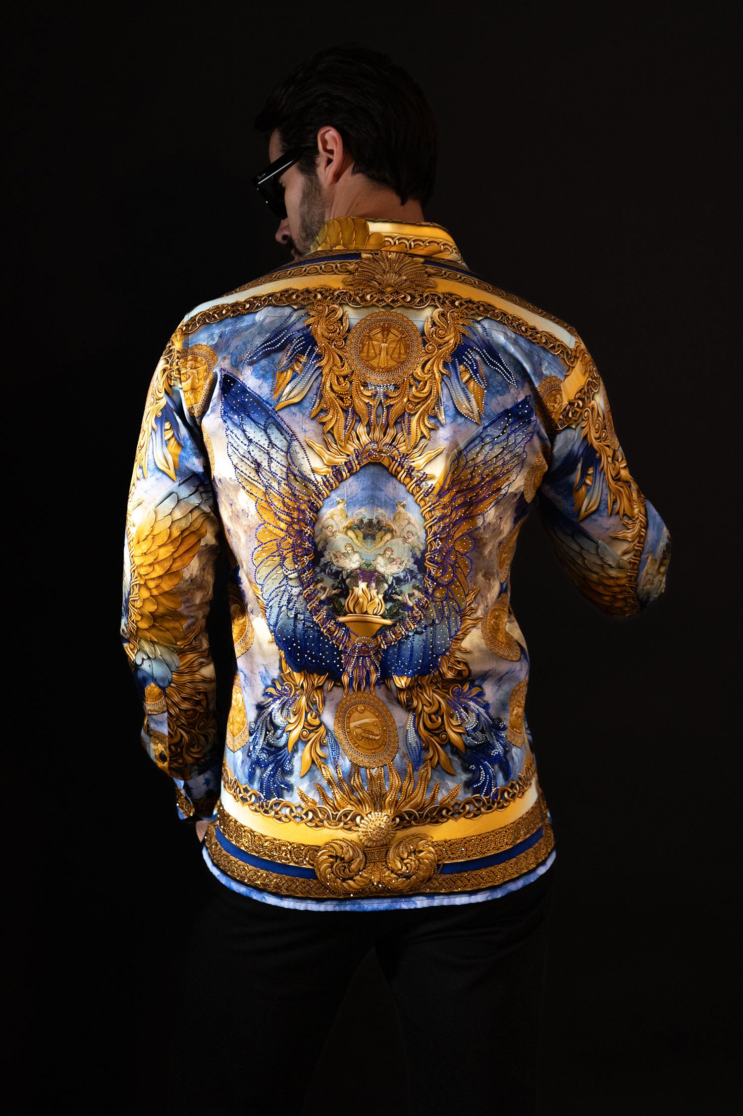 BARABAS Men's Rhinestone Angel Wings Long Sleeve Shirts 3SPR411 Blue