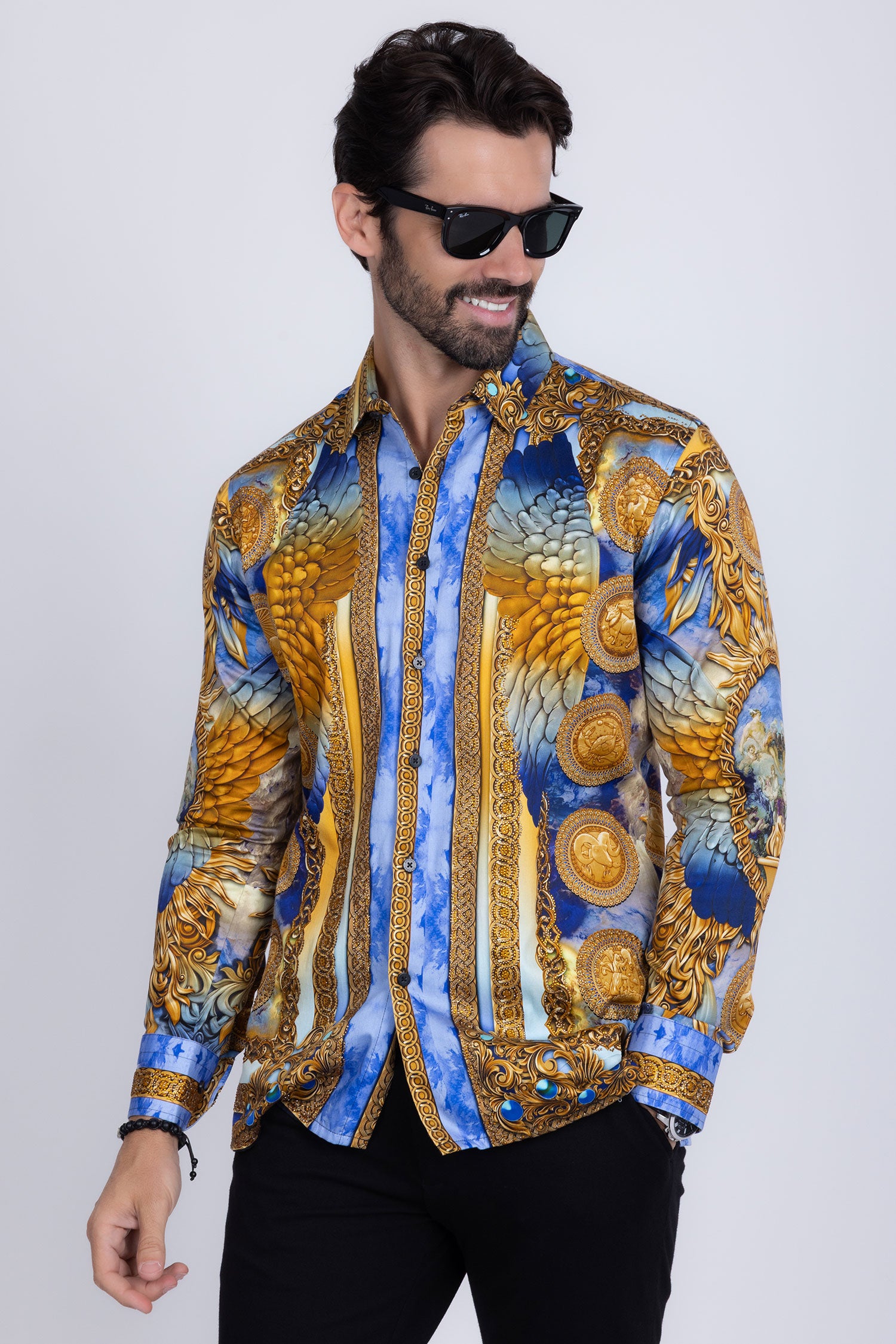 BARABAS Men's Rhinestone Angel Wings Long Sleeve Shirts 3SPR411 Blue