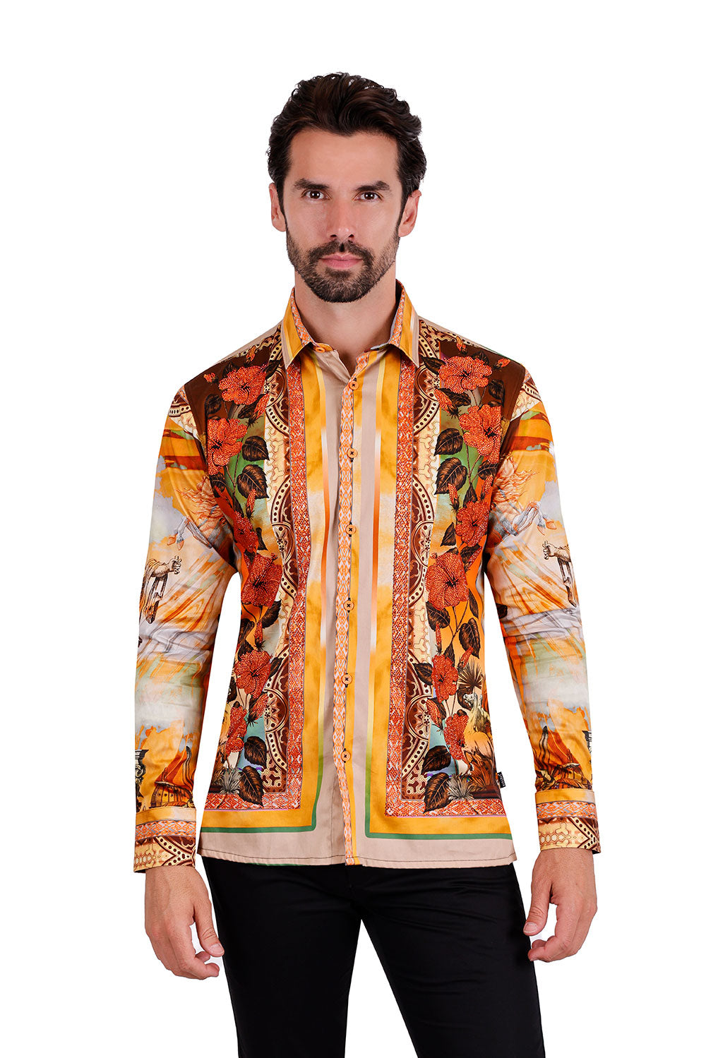 BARABAS Men's Rhinestone Horse StatueFloral Long Sleeve Shirt 3SPR412 Orange