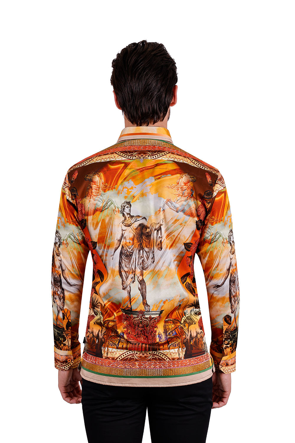 BARABAS Men's Rhinestone Horse StatueFloral Long Sleeve Shirt 3SPR412 Orange