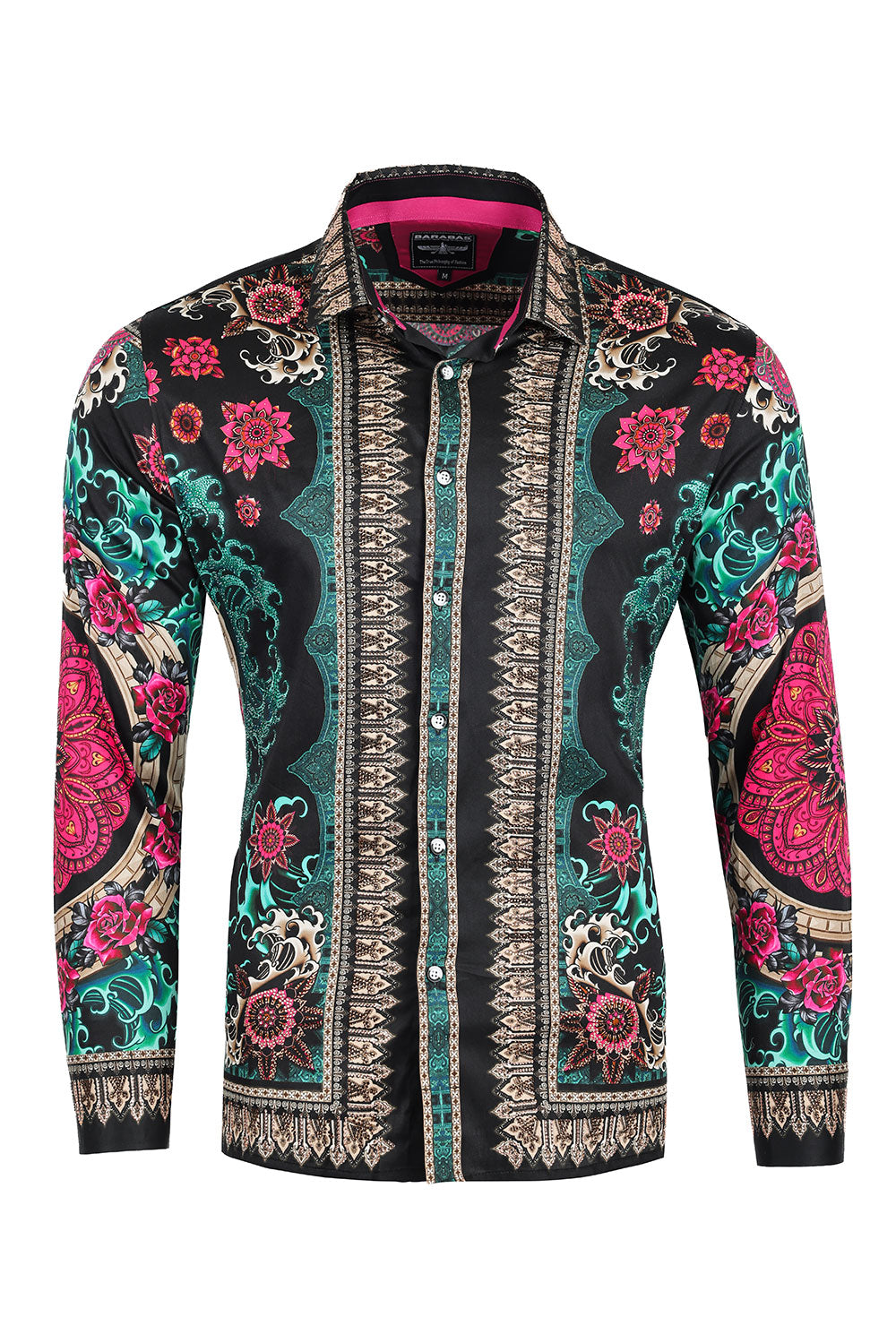 BARABAS Men's Rhinestone Floral Print Baroque Long Sleeve Shirts 3SPR413 Black