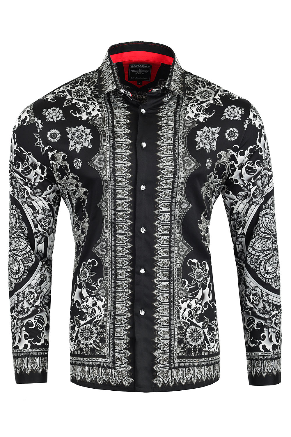 BARABAS Men's Rhinestone Floral Print Baroque Long Sleeve Shirts 3SPR413 Black