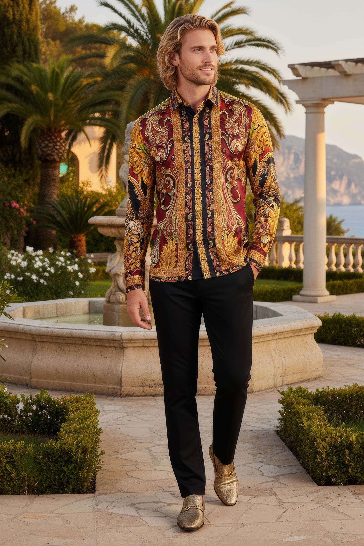 BARABAS Men's Rhinestone Leopard Baroque Long Sleeve Shirts 3SPR414 Plum