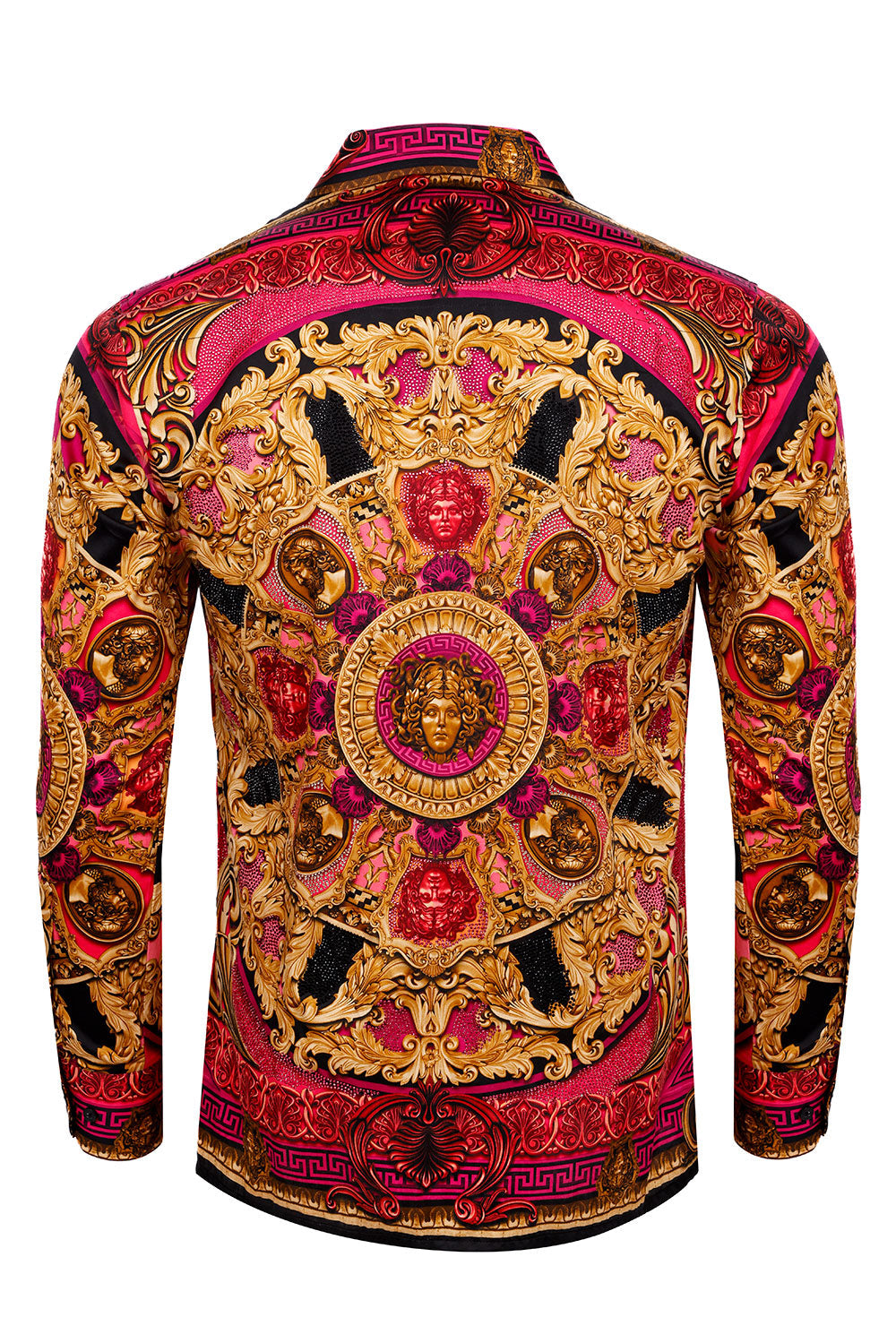BARABAS Men's Rhinestone Medusa Floral Long Sleeve Shirts 3SPR416 Acid Pink