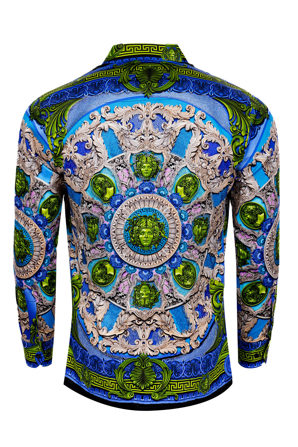 BARABAS Men's Rhinestone Medusa Floral Long Sleeve Shirts 3SPR416 Royal