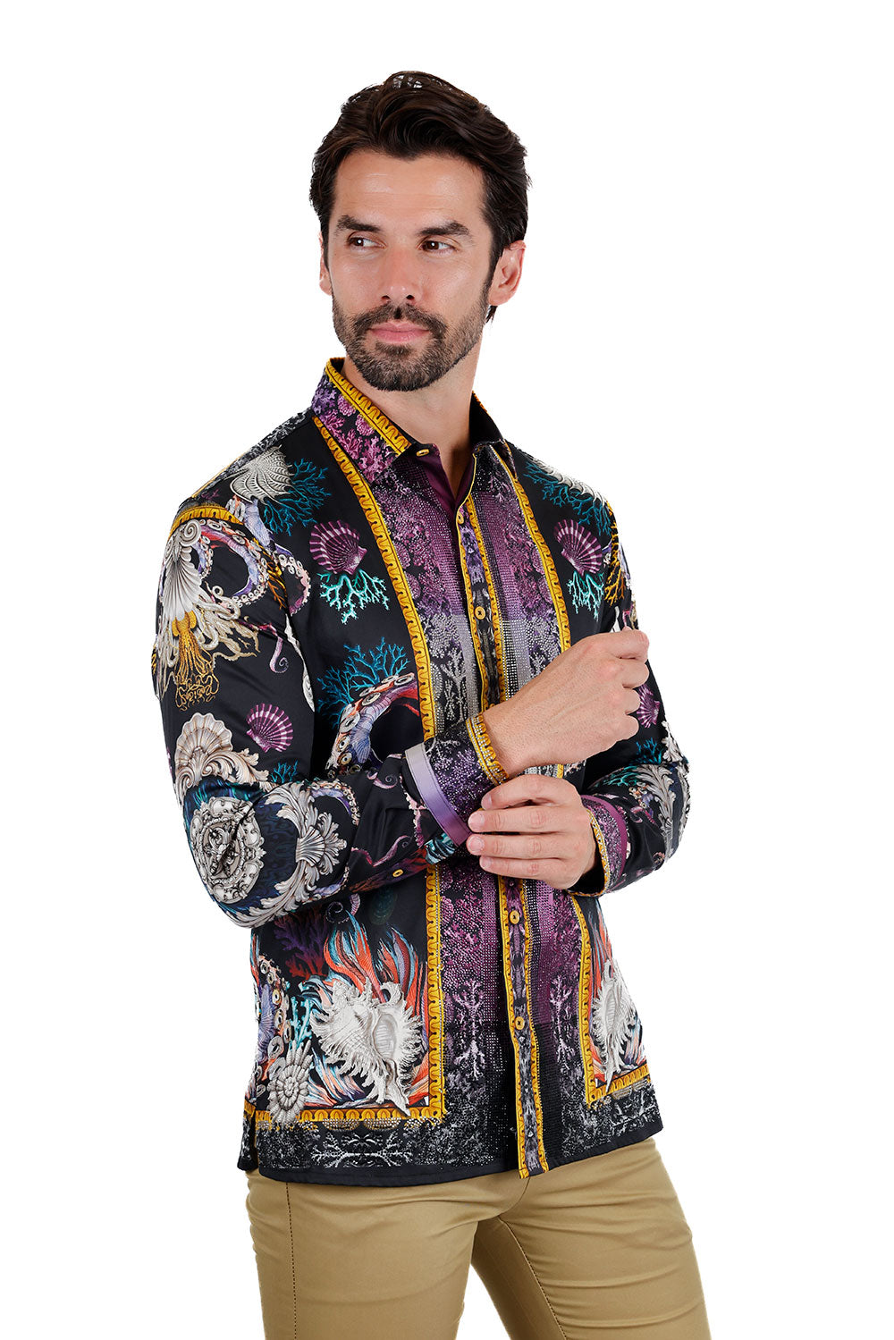 BARABAS Men's Rhinestone Sea Ocean Baroque Long Sleeve Shirts 3SPR417 Black