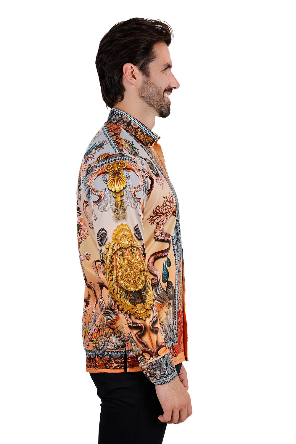 BARABAS Men's Rhinestone Sea Ocean Baroque Long Sleeve Shirts 3SPR417 Peach